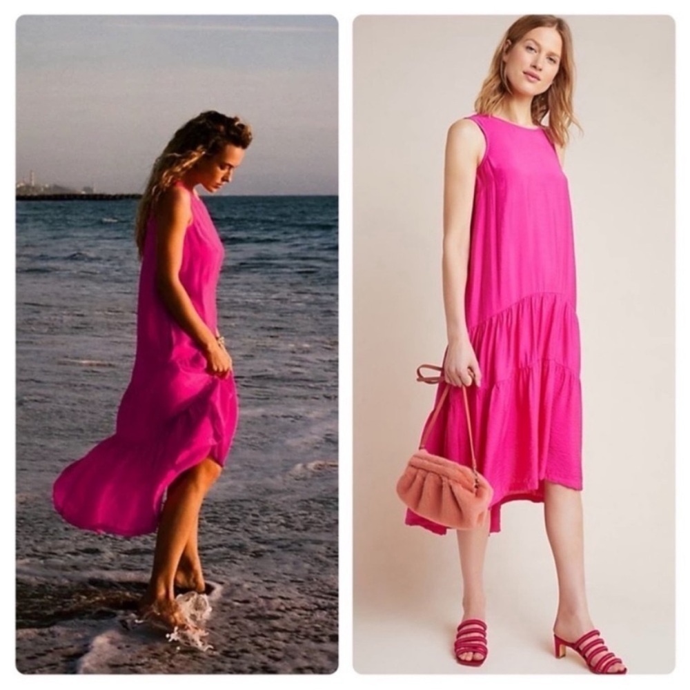 Anthropologie Maeve Marlene Tiered Midi Pink High low with pockets sleeveless